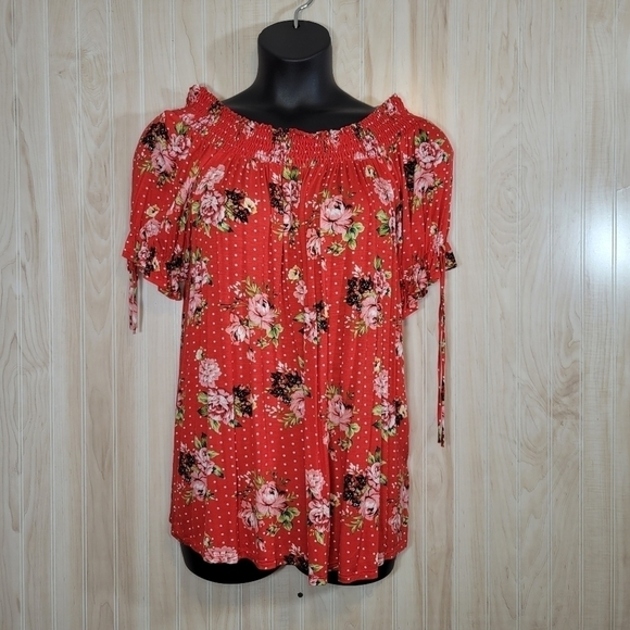 Misia Red Floral Off-The-Shoulder Cici Blouse Top Sz Lg - Picture 1 of 6